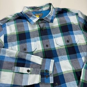 Eddie Bauer First Ascent Flannel Button Up Shirt Mens L Blue Plaid Chest Pockets
